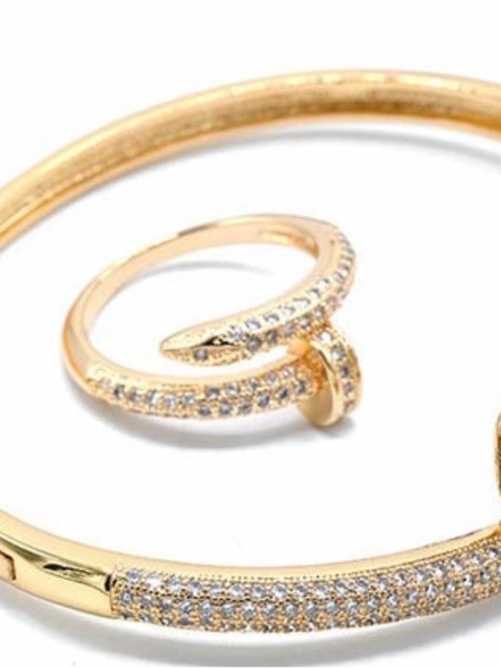 Gold-Tone Nail Ring 925 & Gold-Plated Hoop Earrings Set With Pink Box NWOT